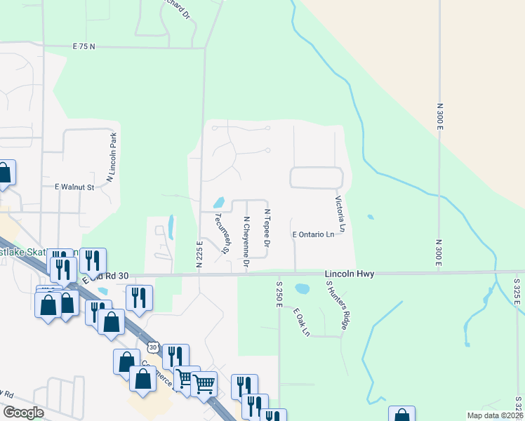 map of restaurants, bars, coffee shops, grocery stores, and more near 205 North Tepee Drive in Warsaw