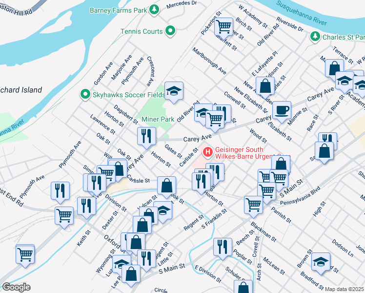 map of restaurants, bars, coffee shops, grocery stores, and more near 15 Sterling Avenue in Wilkes-Barre Township