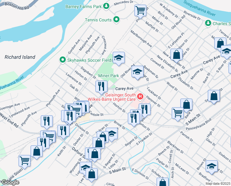 map of restaurants, bars, coffee shops, grocery stores, and more near 55 Gates Street in Wilkes-Barre