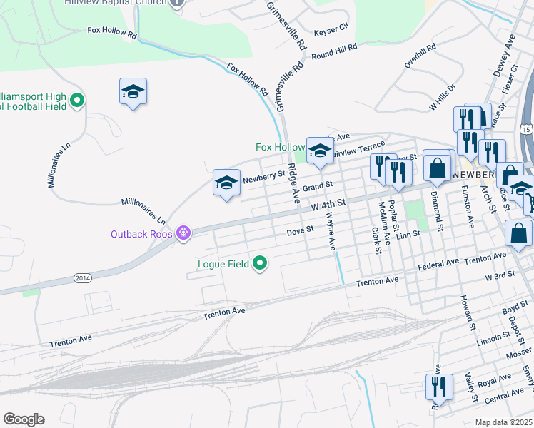 map of restaurants, bars, coffee shops, grocery stores, and more near 2702 State Route 2014 in Williamsport