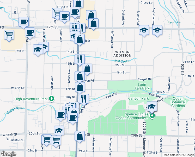 map of restaurants, bars, coffee shops, grocery stores, and more near 484 Canyon Road in Ogden