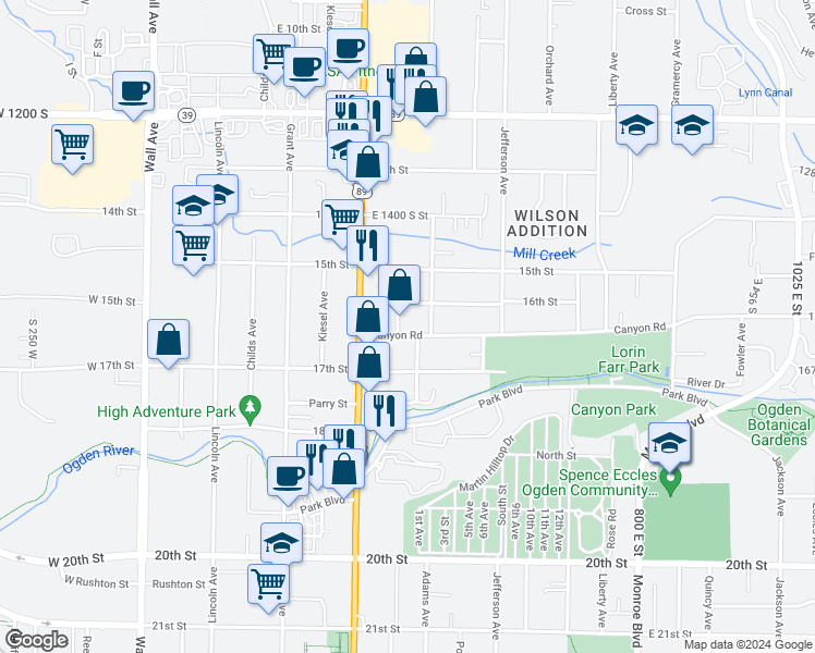 map of restaurants, bars, coffee shops, grocery stores, and more near 484 Canyon Road in Ogden