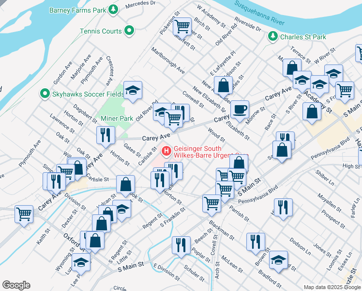 map of restaurants, bars, coffee shops, grocery stores, and more near 183 Hanover Street in Wilkes-Barre