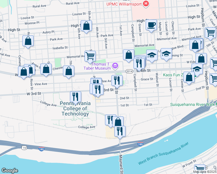 map of restaurants, bars, coffee shops, grocery stores, and more near 910 West 3rd Street in Williamsport