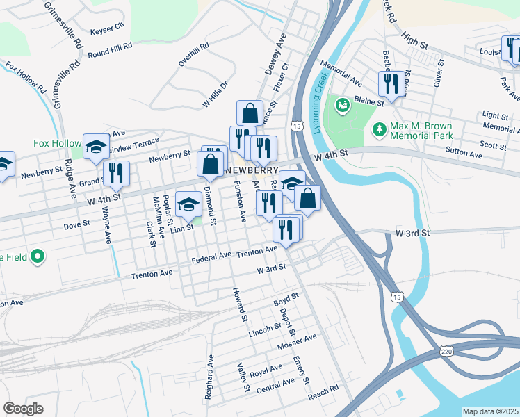 map of restaurants, bars, coffee shops, grocery stores, and more near 750 Arch St in Williamsport