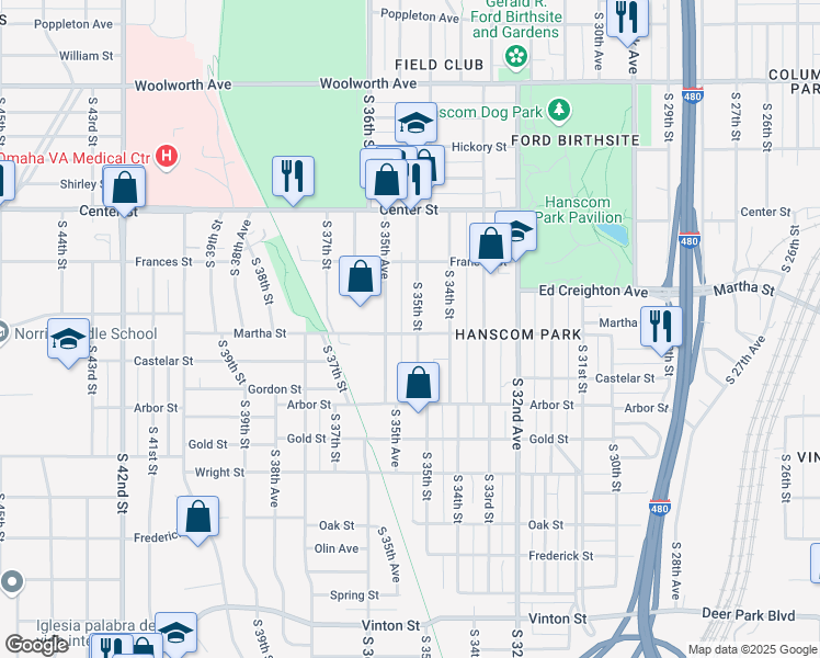 map of restaurants, bars, coffee shops, grocery stores, and more near 3424 Martha Street in Omaha
