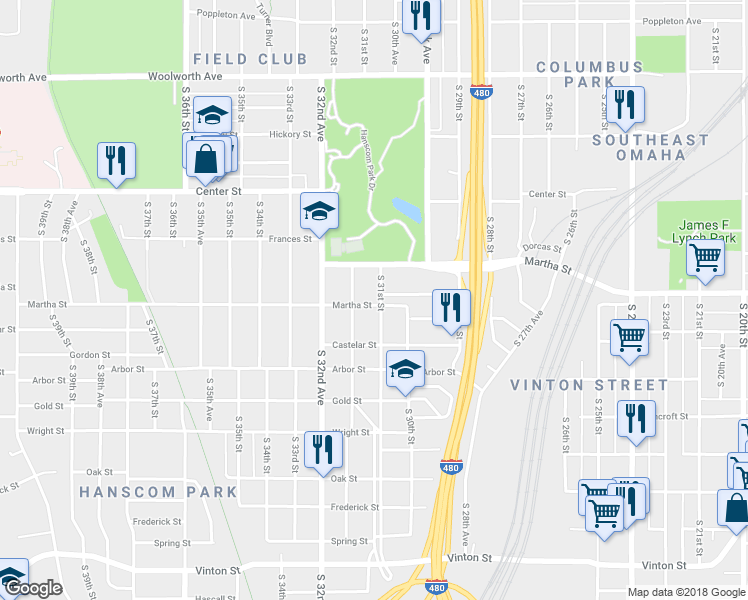 map of restaurants, bars, coffee shops, grocery stores, and more near 2230 South 31st Street in Omaha