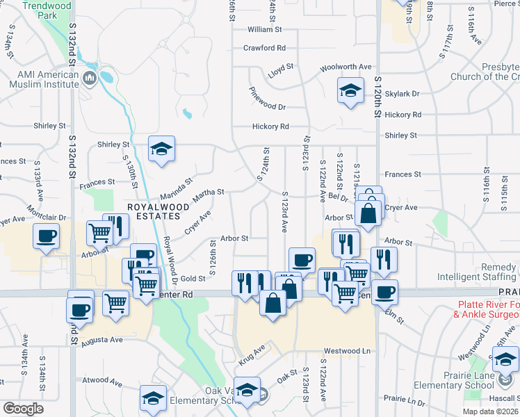 map of restaurants, bars, coffee shops, grocery stores, and more near 12431 Castelar Street in Omaha