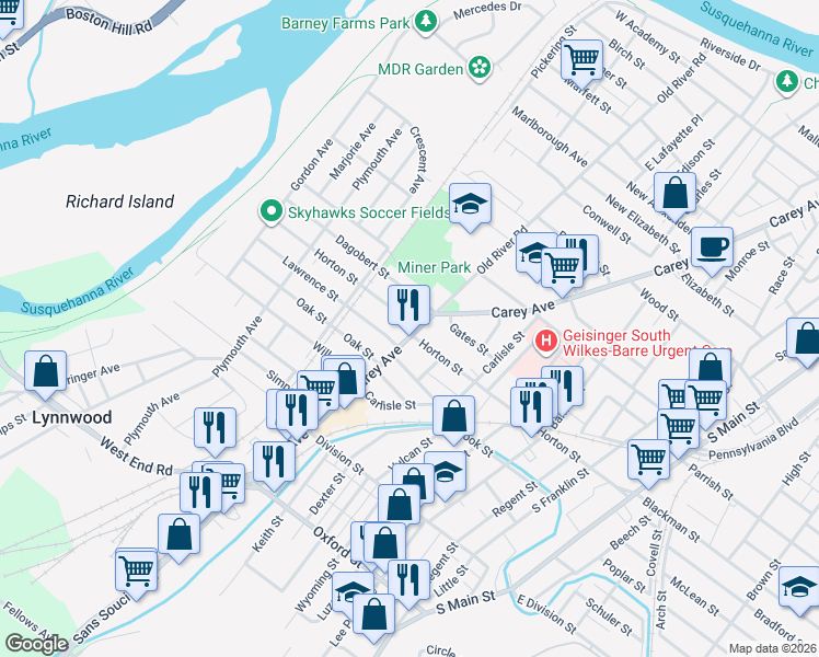 map of restaurants, bars, coffee shops, grocery stores, and more near 328 Horton St in Wilkes-Barre