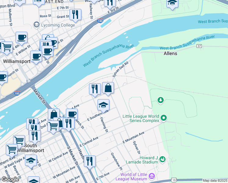 map of restaurants, bars, coffee shops, grocery stores, and more near 508 East 2nd Avenue in South Williamsport