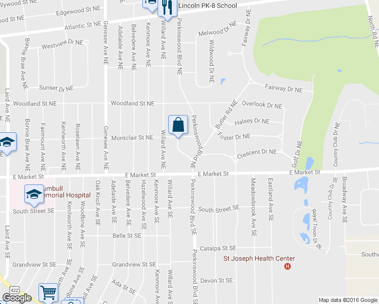 map of restaurants, bars, coffee shops, grocery stores, and more near 180 Garfield Drive Northeast in Warren