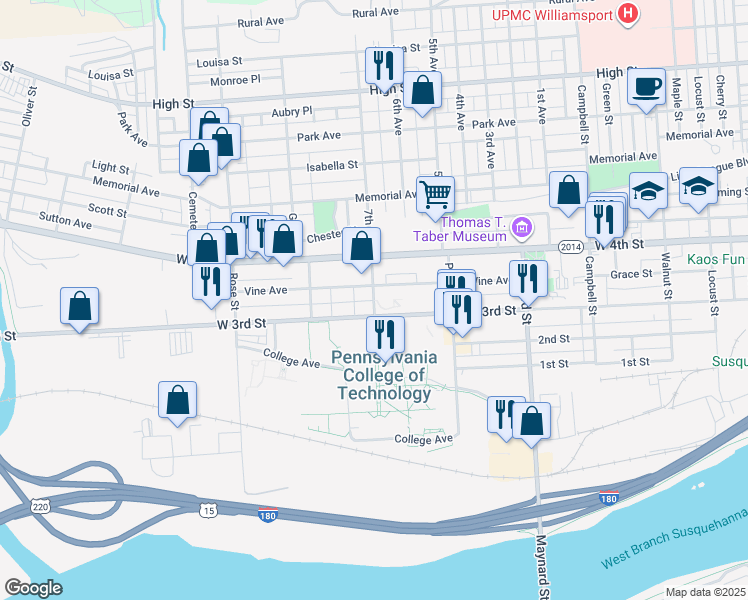 map of restaurants, bars, coffee shops, grocery stores, and more near 1100 Hadley Street in Williamsport