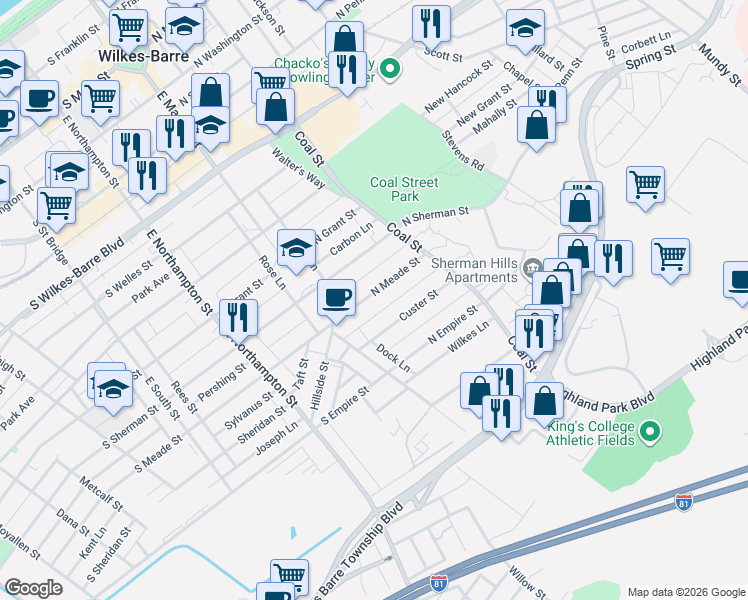 map of restaurants, bars, coffee shops, grocery stores, and more near 59 North Meade Street in Wilkes-Barre