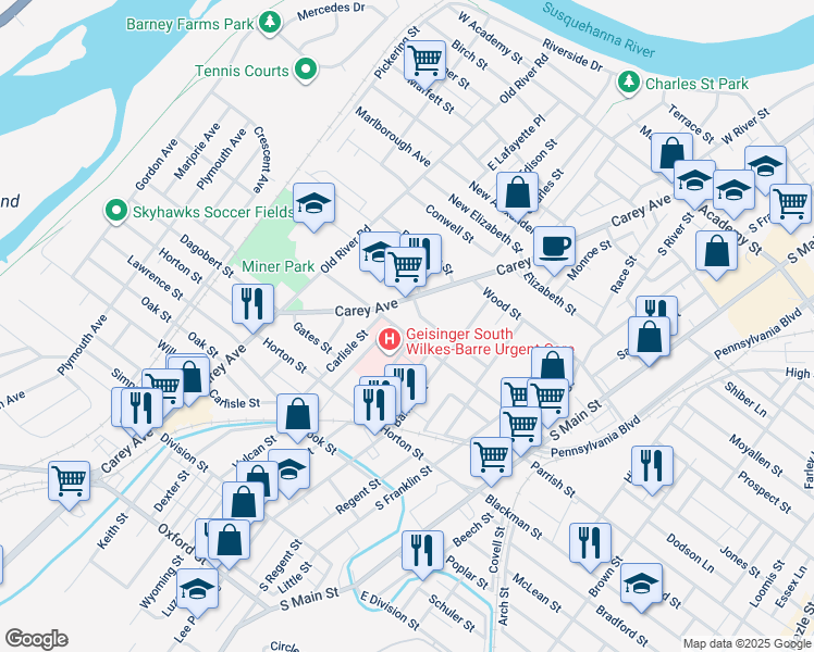 map of restaurants, bars, coffee shops, grocery stores, and more near 183 Hanover St in Wilkes-Barre