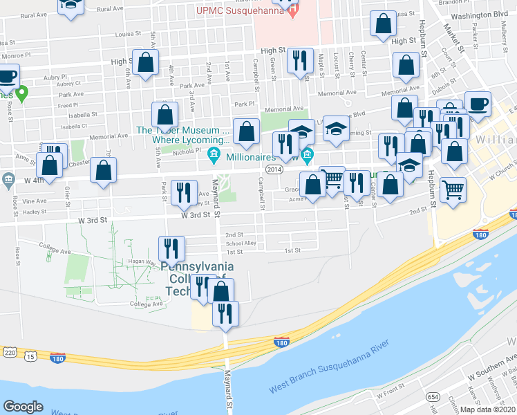 map of restaurants, bars, coffee shops, grocery stores, and more near 802 West 3rd Street in Williamsport