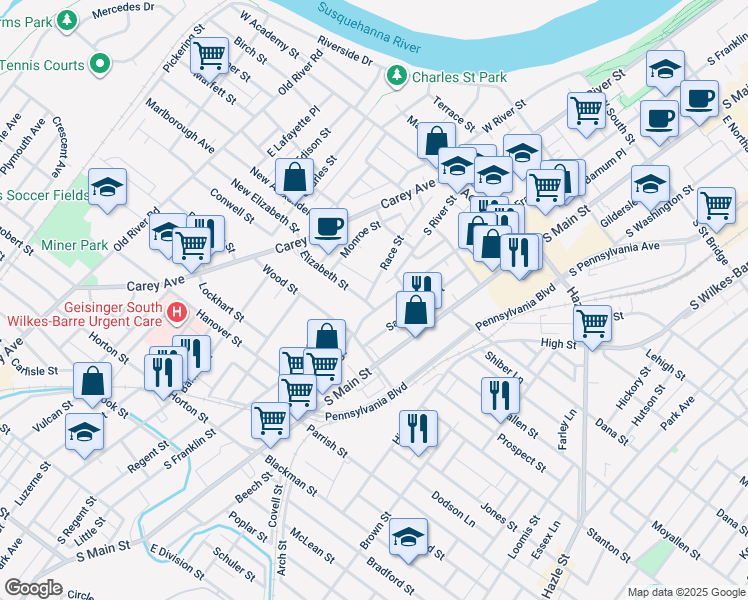 map of restaurants, bars, coffee shops, grocery stores, and more near 565 South Franklin Street in Wilkes-Barre