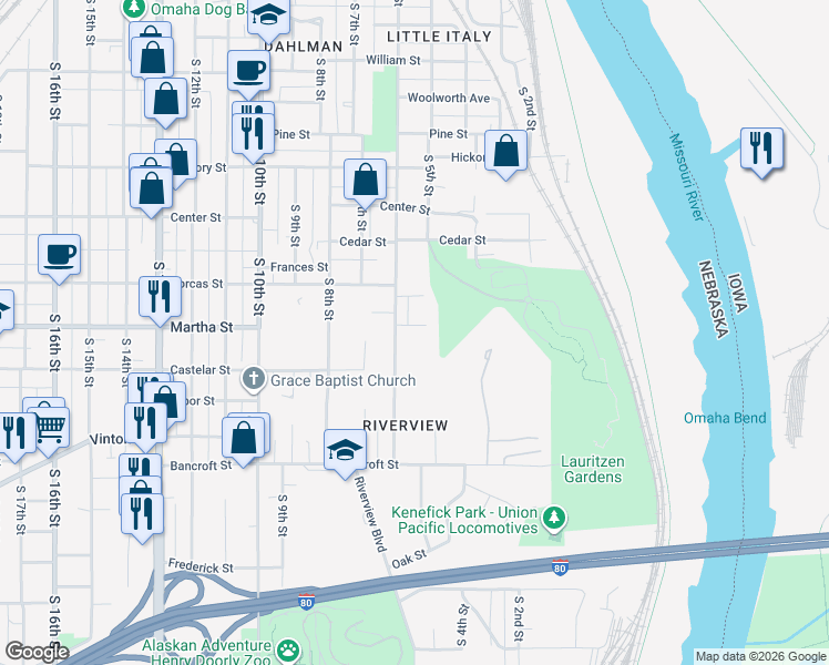 map of restaurants, bars, coffee shops, grocery stores, and more near 507 Martha Street in Omaha