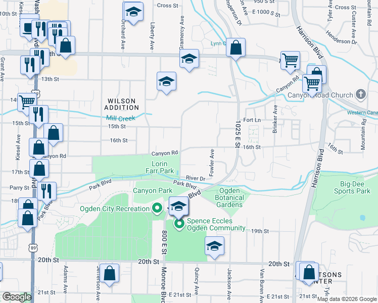 map of restaurants, bars, coffee shops, grocery stores, and more near 867 16th Street in Ogden
