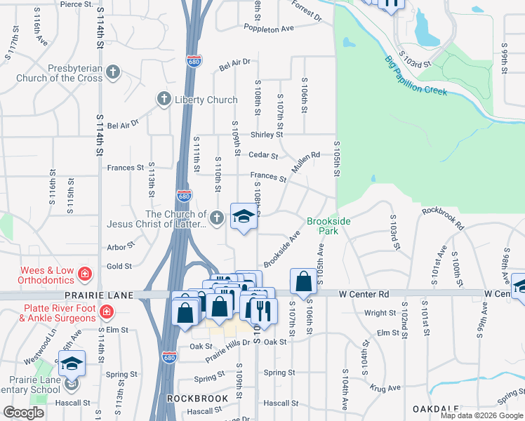 map of restaurants, bars, coffee shops, grocery stores, and more near 2155 South 108th Street in Omaha