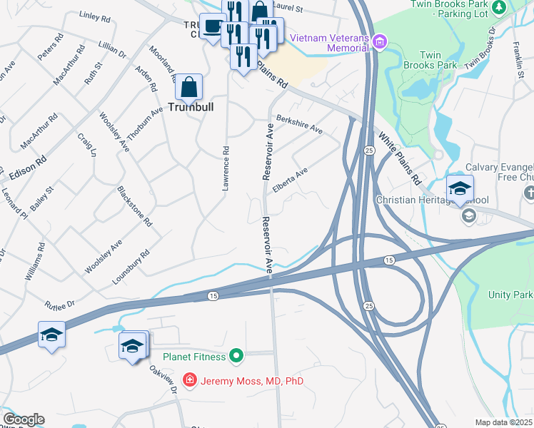 map of restaurants, bars, coffee shops, grocery stores, and more near 2750 Reservoir Avenue in Trumbull
