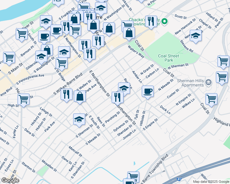 map of restaurants, bars, coffee shops, grocery stores, and more near 77 South Grant Street in Wilkes-Barre