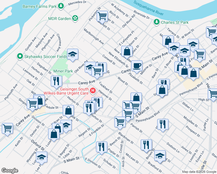 map of restaurants, bars, coffee shops, grocery stores, and more near 59 Lockhart Street in Wilkes-Barre