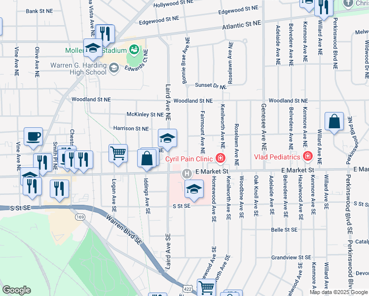 map of restaurants, bars, coffee shops, grocery stores, and more near 205 Bonnie Brae Avenue Northeast in Warren