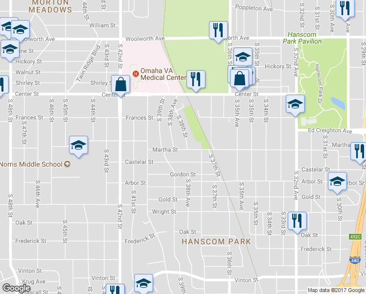map of restaurants, bars, coffee shops, grocery stores, and more near 2150 S 38th St in Omaha