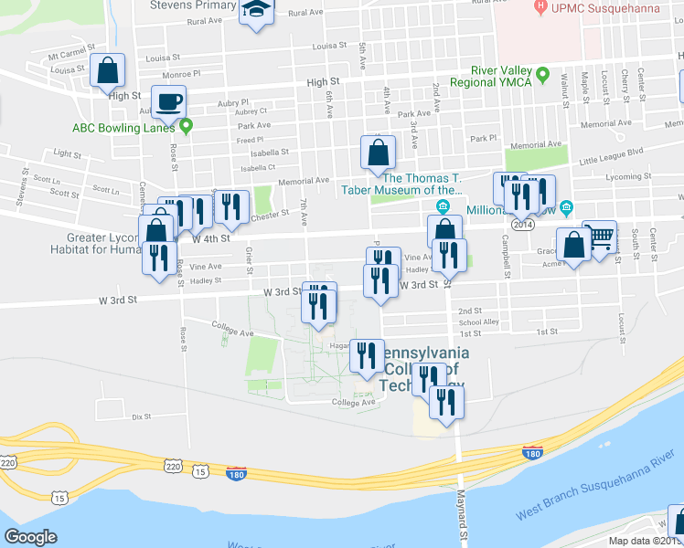map of restaurants, bars, coffee shops, grocery stores, and more near 1034 West 3rd Street in Williamsport