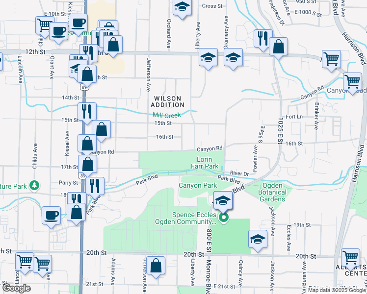 map of restaurants, bars, coffee shops, grocery stores, and more near 710 Canyon Road in Ogden