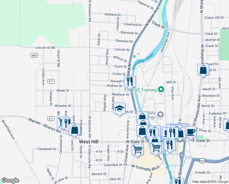 map of restaurants, bars, coffee shops, grocery stores, and more near 354 Madison Street in Sharon