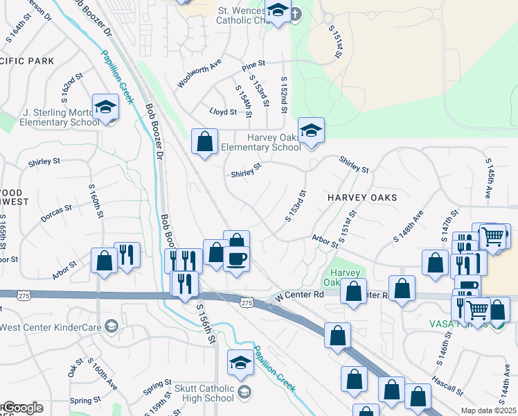 map of restaurants, bars, coffee shops, grocery stores, and more near 2418 South 154th Circle in Omaha