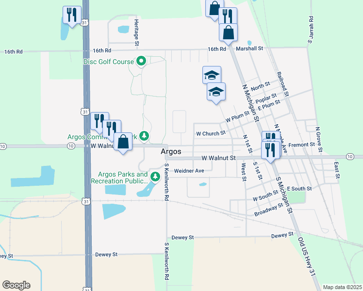 map of restaurants, bars, coffee shops, grocery stores, and more near 441 Indiana Ave in Argos