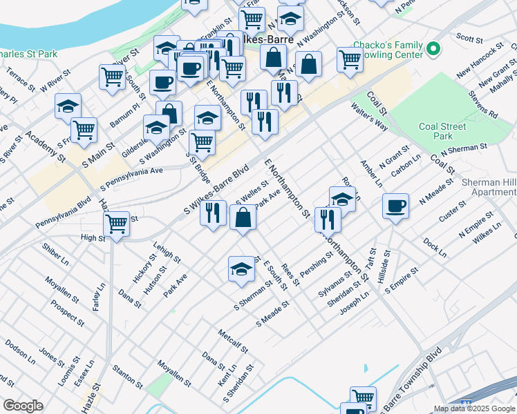 map of restaurants, bars, coffee shops, grocery stores, and more near 71 Park Avenue in Wilkes-Barre