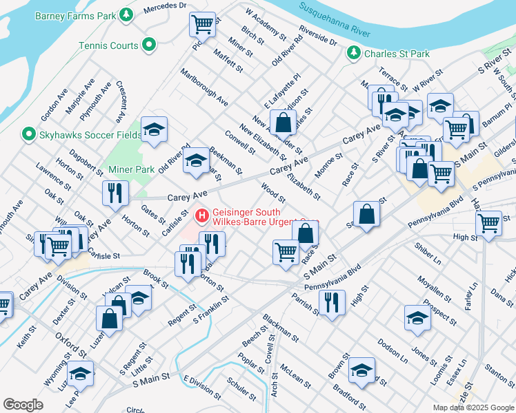 map of restaurants, bars, coffee shops, grocery stores, and more near 48 Barney Street in Wilkes-Barre