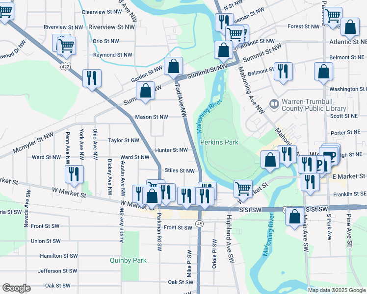 map of restaurants, bars, coffee shops, grocery stores, and more near 848 Hunter Street Northwest in Warren