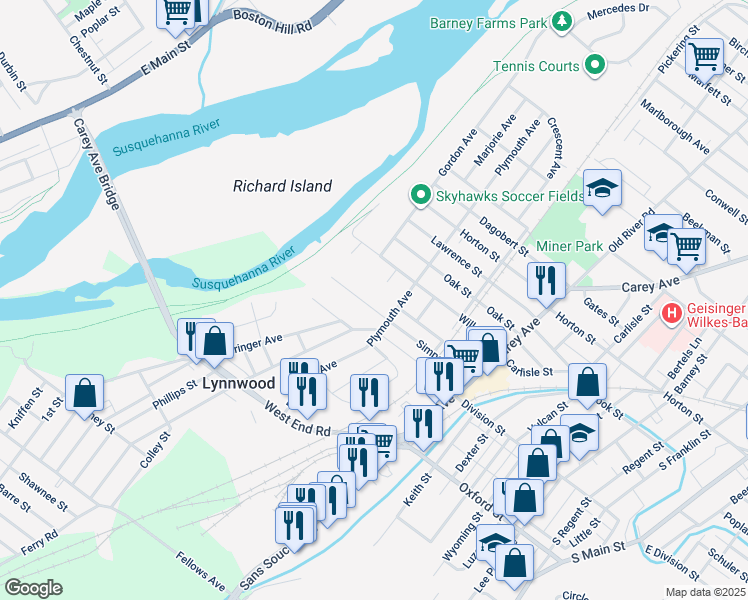 map of restaurants, bars, coffee shops, grocery stores, and more near 159 Simpson Street in Wilkes-Barre