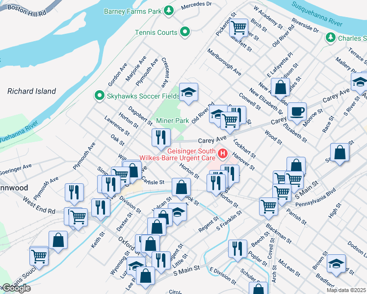 map of restaurants, bars, coffee shops, grocery stores, and more near 61 Gates Street in Wilkes-Barre