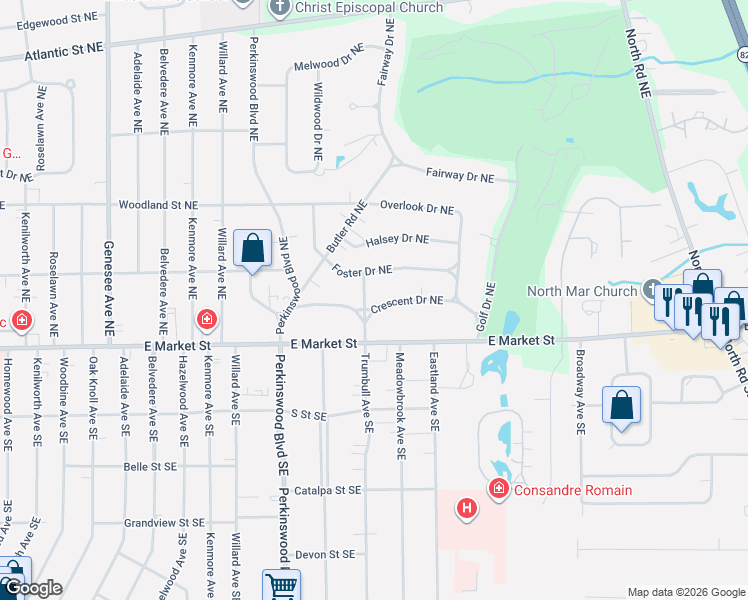 map of restaurants, bars, coffee shops, grocery stores, and more near 3033 Crescent Drive Northeast in Warren