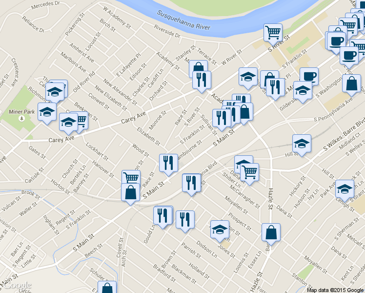 map of restaurants, bars, coffee shops, grocery stores, and more near 556 South Franklin Street in Wilkes-Barre