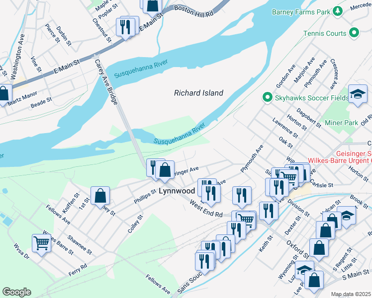 map of restaurants, bars, coffee shops, grocery stores, and more near 106 Norwood Ave in Luzerne