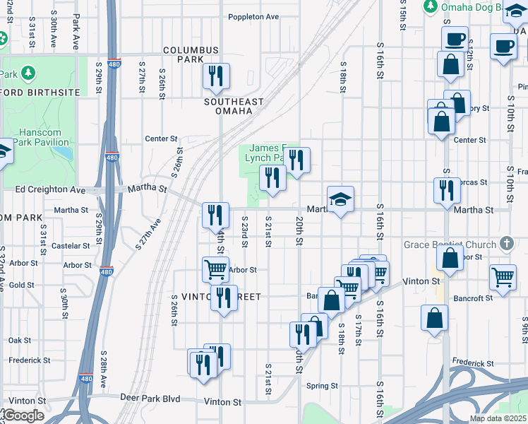 map of restaurants, bars, coffee shops, grocery stores, and more near 2302 South 21st Street in Omaha
