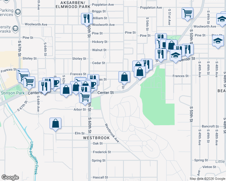 map of restaurants, bars, coffee shops, grocery stores, and more near 5638 Center Street in Omaha