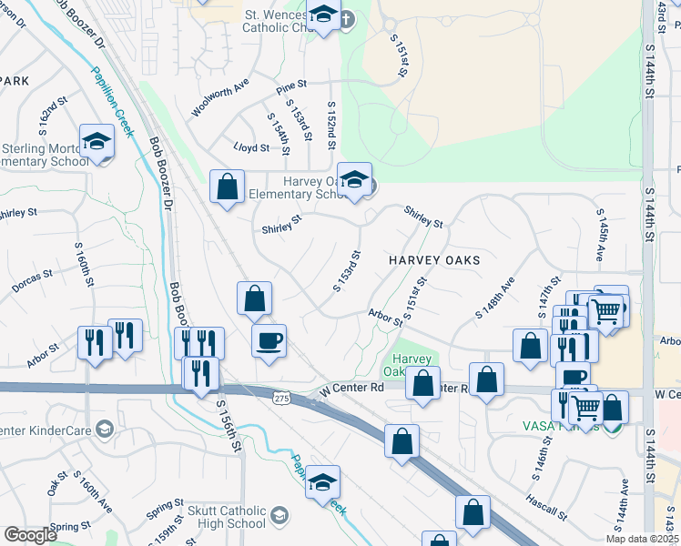 map of restaurants, bars, coffee shops, grocery stores, and more near 2218 South 153rd Street in Omaha