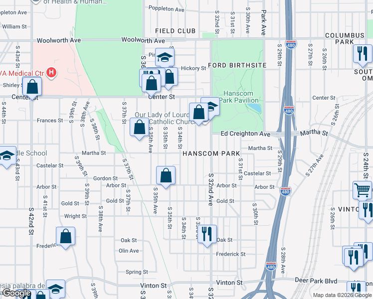 map of restaurants, bars, coffee shops, grocery stores, and more near 3316 Martha St in Omaha