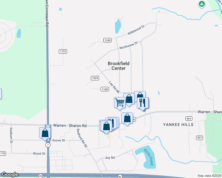 map of restaurants, bars, coffee shops, grocery stores, and more near 7192 Lee Road Northeast in Brookfield Center