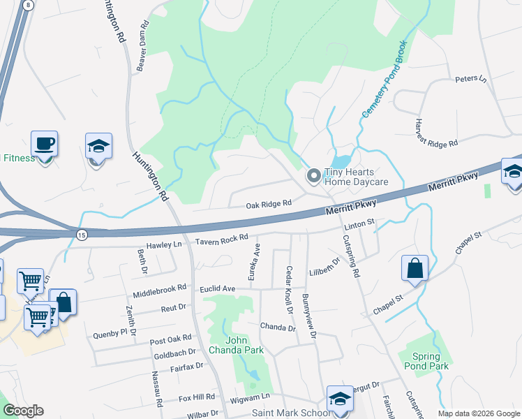 map of restaurants, bars, coffee shops, grocery stores, and more near 155 Oak Ridge Road in Stratford
