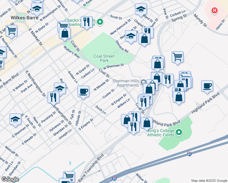 map of restaurants, bars, coffee shops, grocery stores, and more near 111 Custer Street in Wilkes-Barre