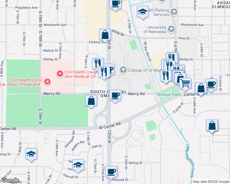 map of restaurants, bars, coffee shops, grocery stores, and more near 7116 Mercy Road in Omaha