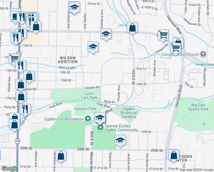 map of restaurants, bars, coffee shops, grocery stores, and more near 867 16th Street in Ogden